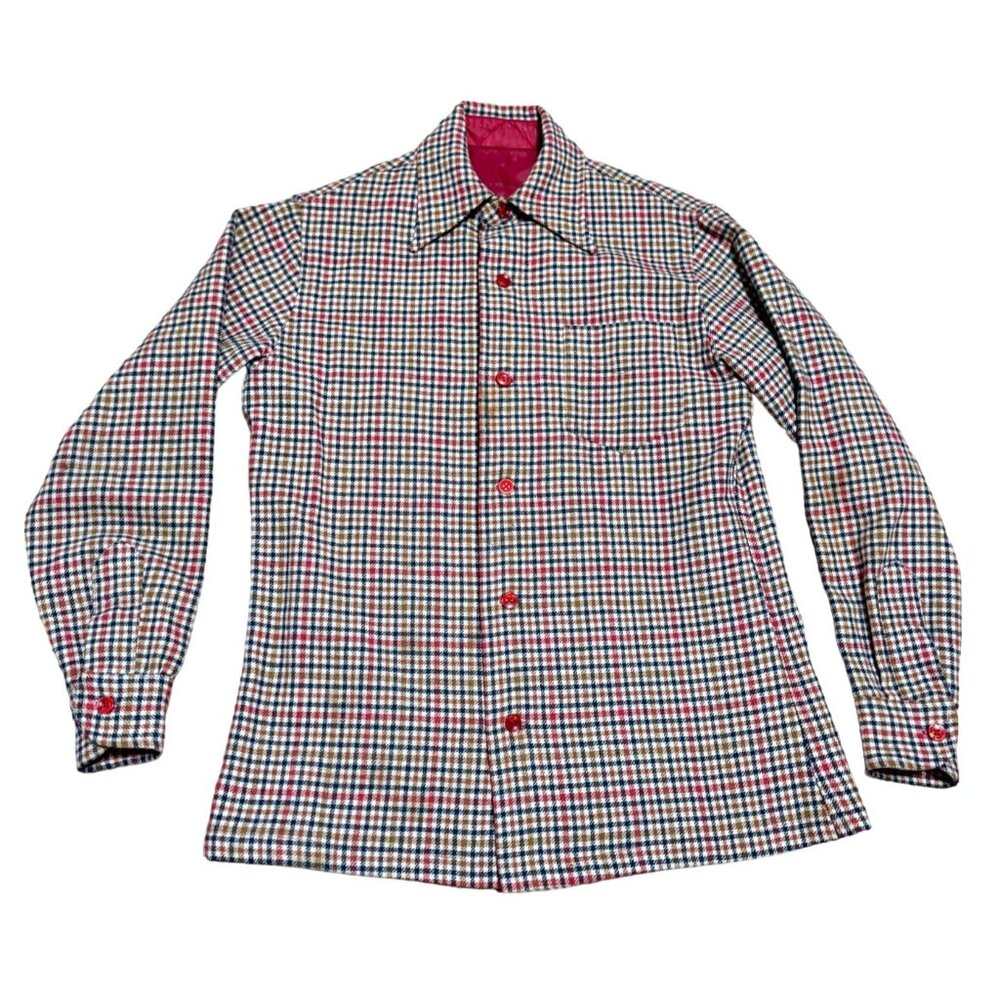 VTG PLAID WOOL FLANNEL SHIRT SHACKET SZ S RED BLUE WHITE BUTTON FRONT MENS